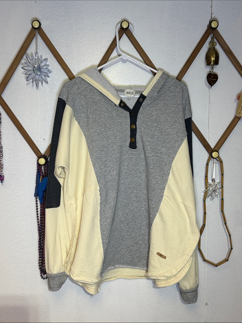 BKE Two-Tone Henley Pullover Hoodie in Gray, Cream and Black Trim